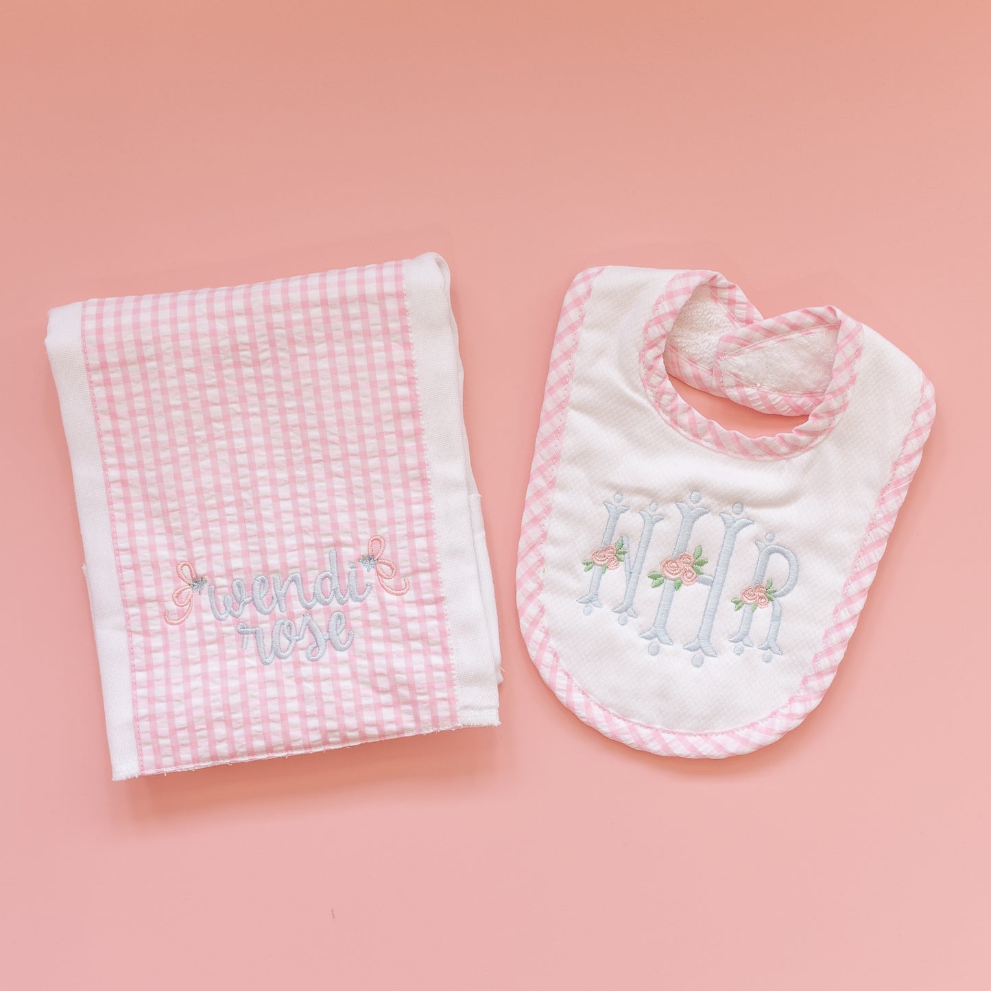 Drooler Bib & Burp Set - Light Pink Check