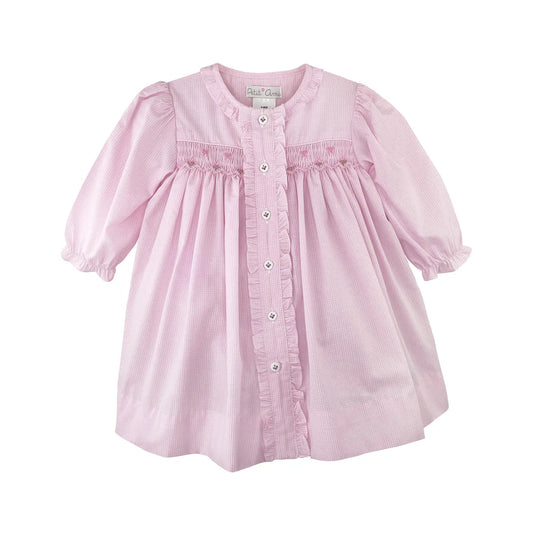 Pink Gingham Dress with Button Front and Smocking