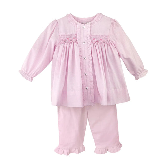 Pink Gingham Pant Set with Button Front and Smocking