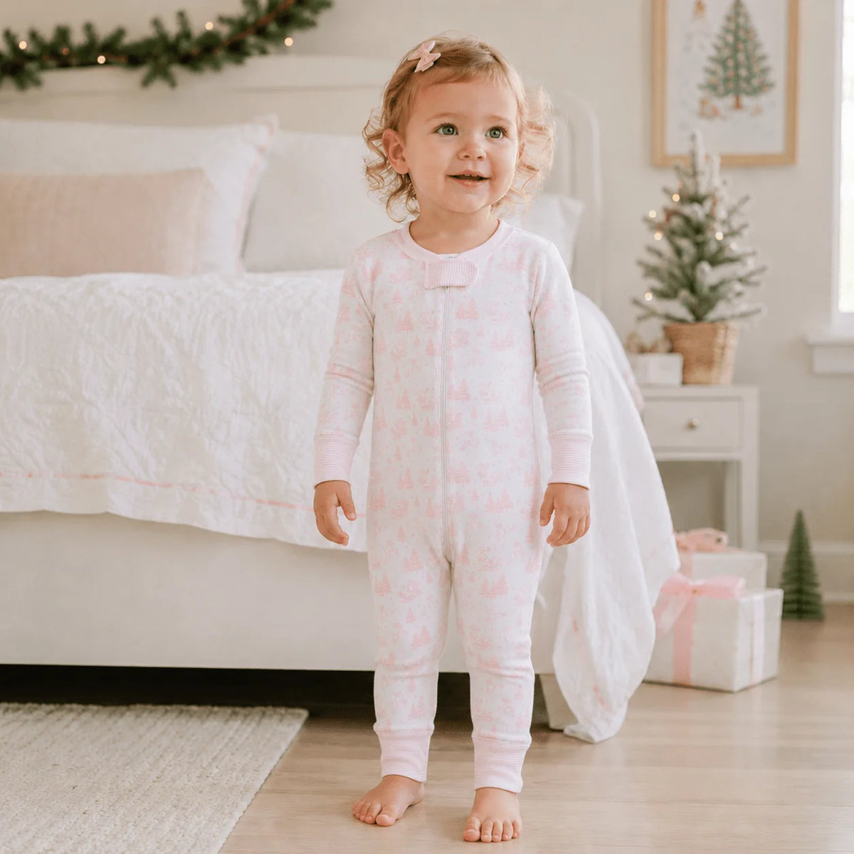 Holiday Toile Zip Pajamas - Pink