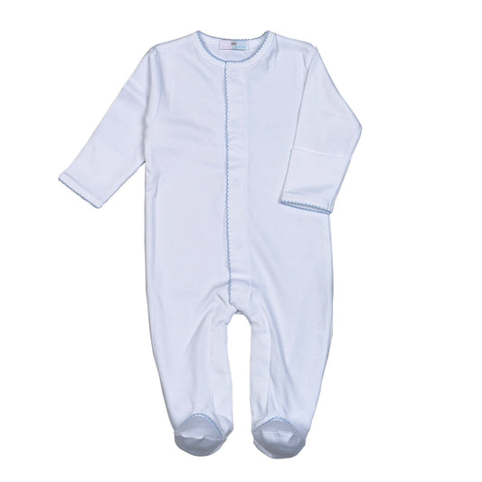 White Snap Footie Blue Picot Trim