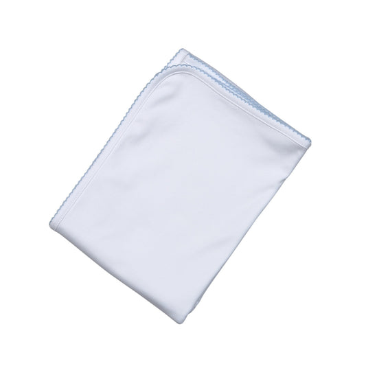 White Receiving Blanket Blue Picot Trim
