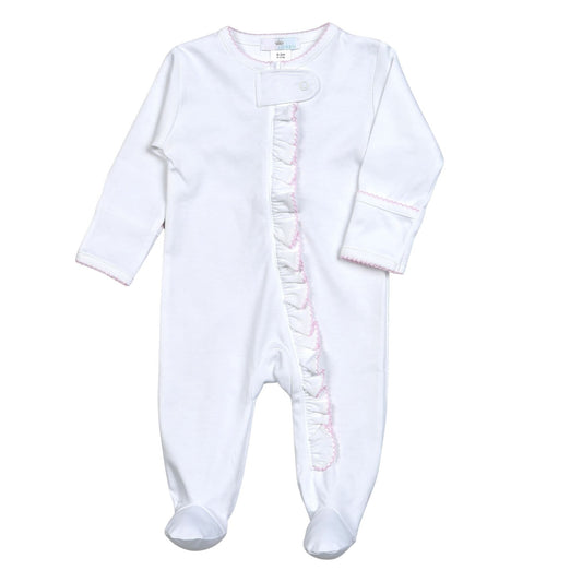 White Zipper Footie Pink Picot Trim