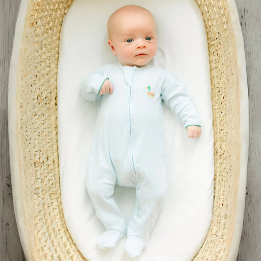 Mini Mallard Embroidered Zip Footie - Light Blue