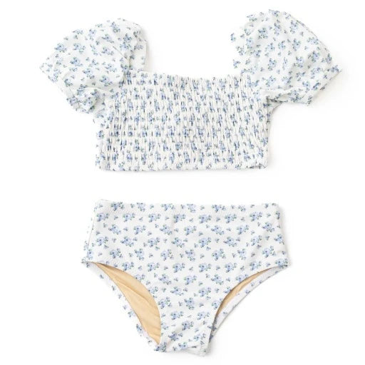 Smocked Puff Sleeve - Cottage Floral Blue Swim