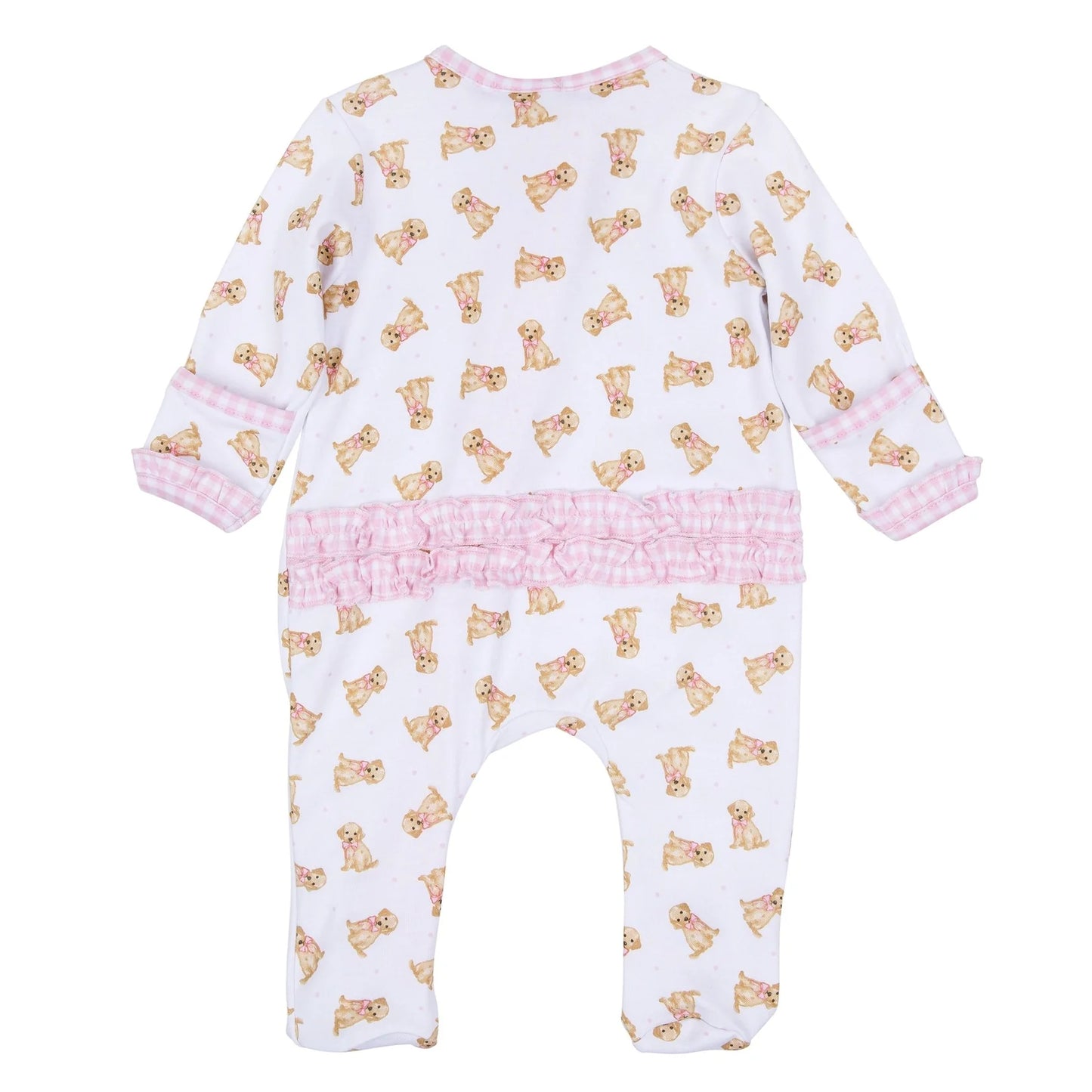 Sweet Golden Print Ruffle Zip Footie - Pink