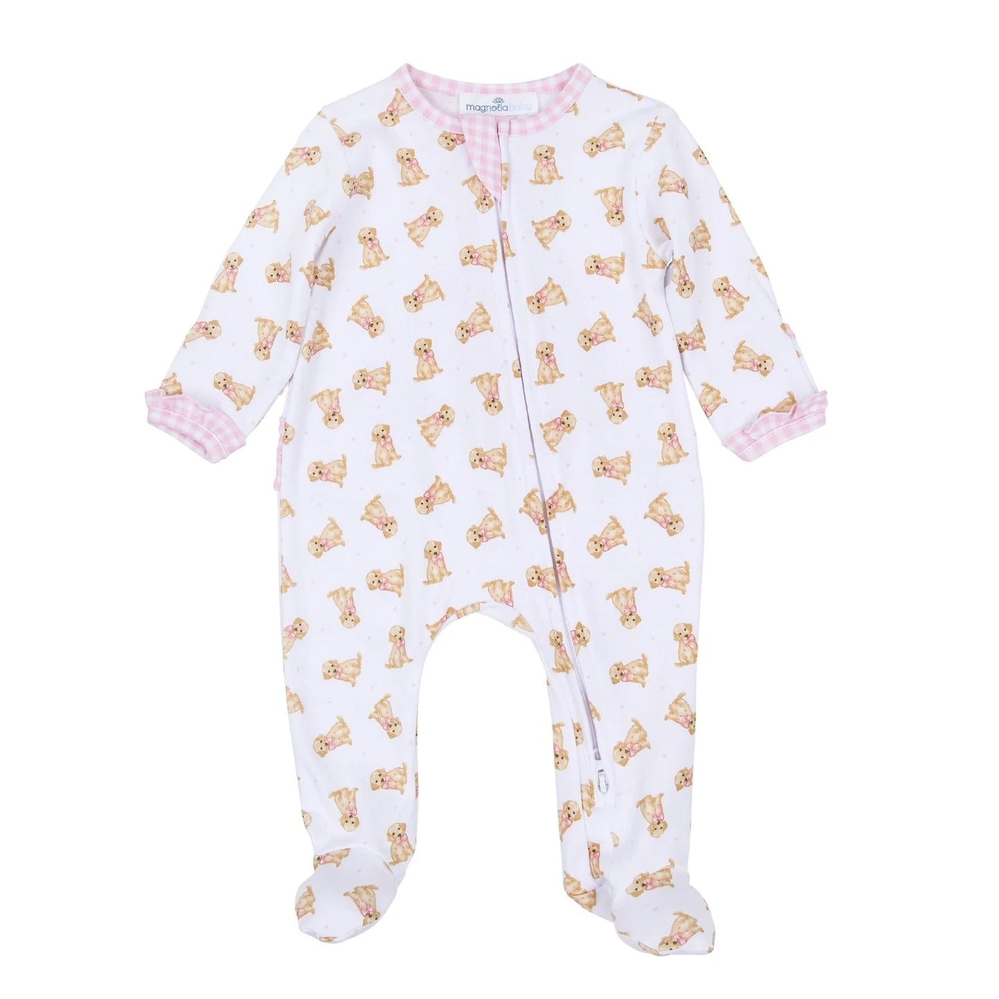 Sweet Golden Print Ruffle Zip Footie - Pink