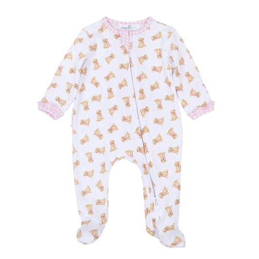 Sweet Golden Print Ruffle Zip Footie - Pink