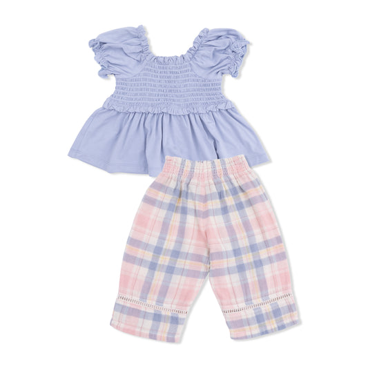 Dusty Plaid Smocked Blouse and Pant Set