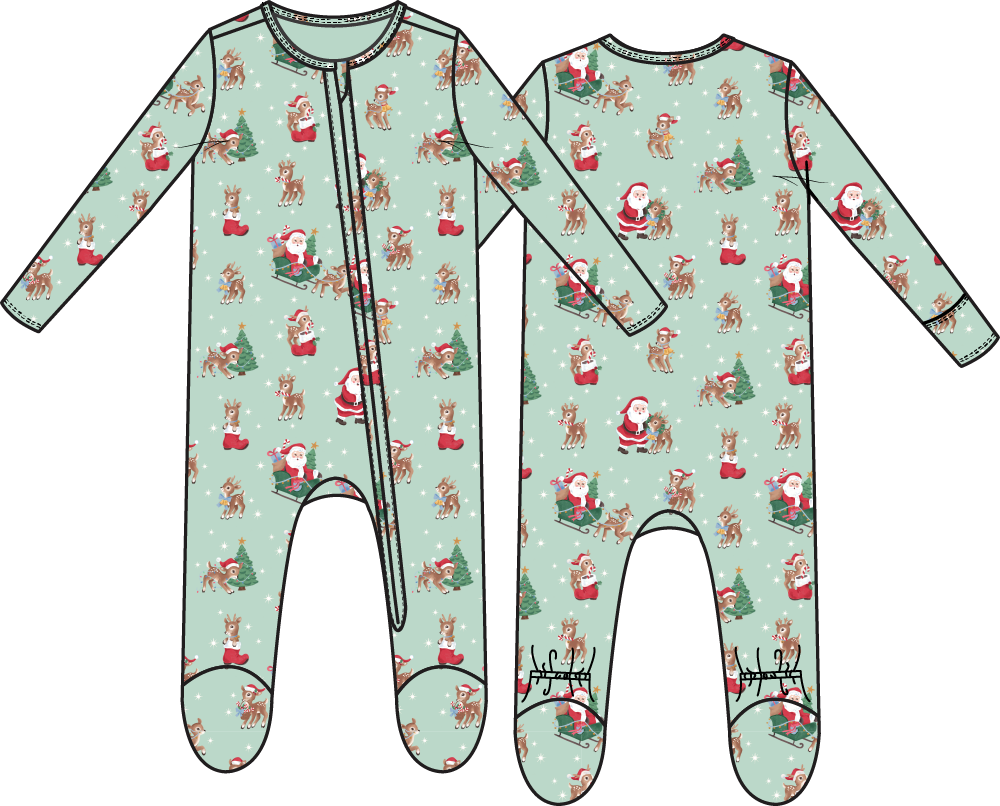 Vintage Reindeer & Santa - 2 Way Zipper Footie