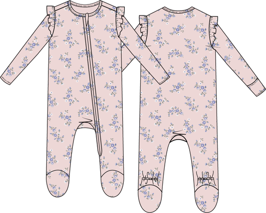 Sweet Hanna Floral Velour - 2 Way Ruffle Sleeve Zipper Footie
